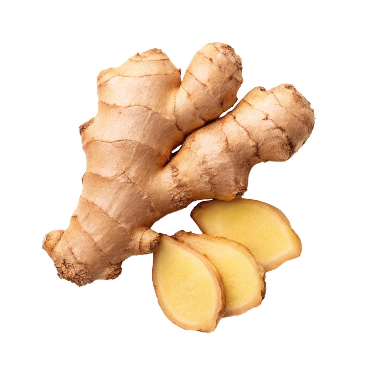 Whole ginger root with fresh slices, close-up, isolated. Natural food